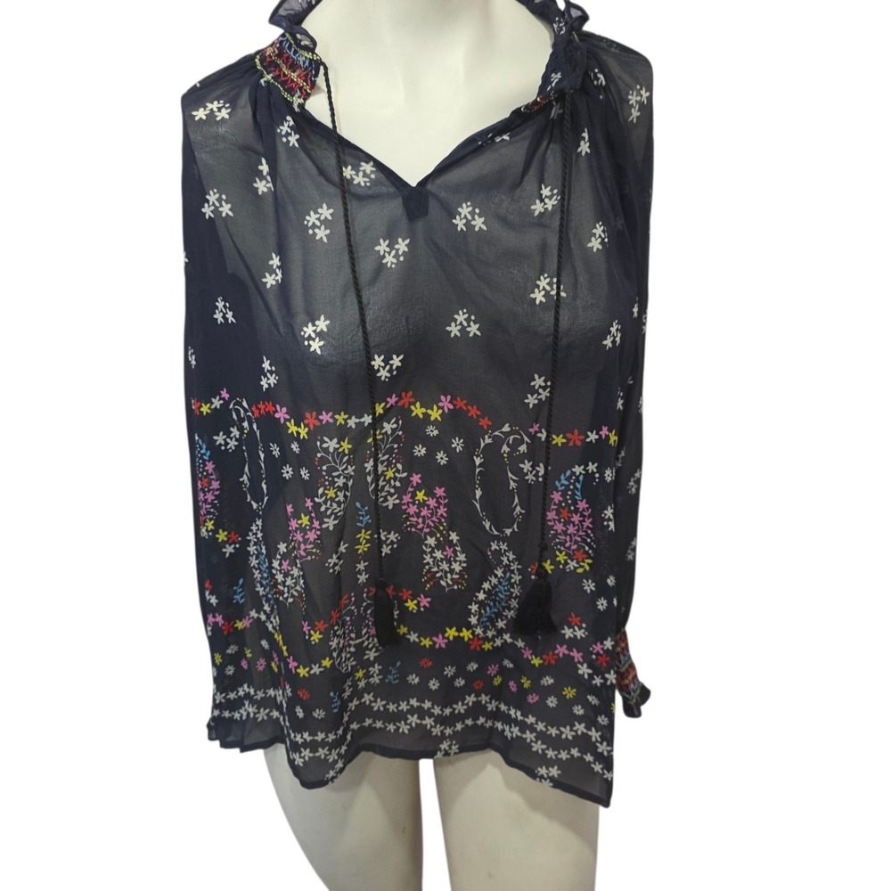 CAbi XS Sheer‎ Boho Peasant Blouse Black Floral Tassel Tie Long Sleeve Top
